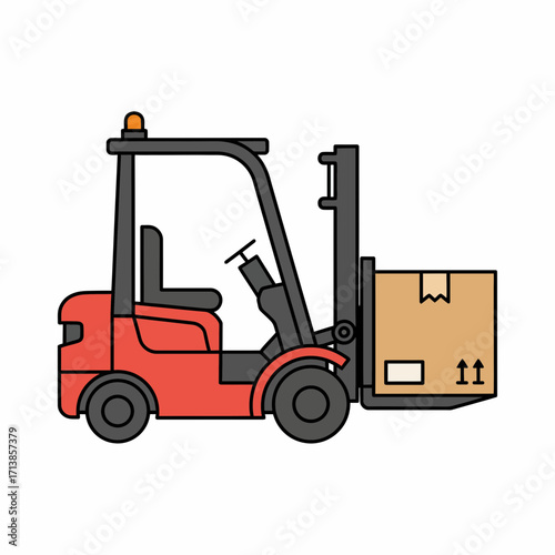 Red forklift truck lifting cardboard box logistics and warehouse operations.
