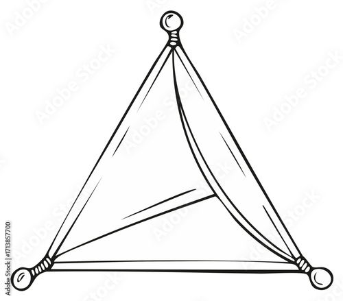 Hand drawn sketch of a triangular tent with decorative finials