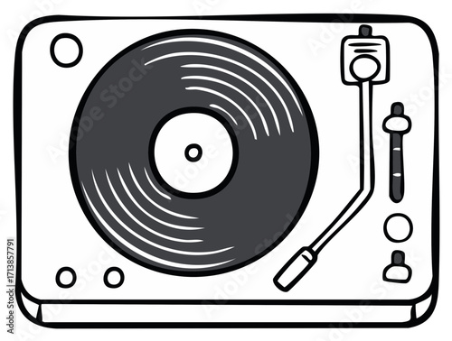 Hand drawn illustration of a vintage record player with a vinyl disc and tonearm