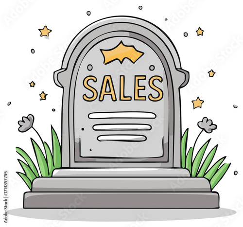 RIP sales illustration. Tombstone with sales inscription, flowers and stars. Cartoon vector style
