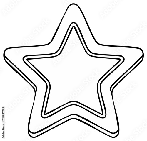 Hand drawn three dimensional star icon with black outline line art illustration