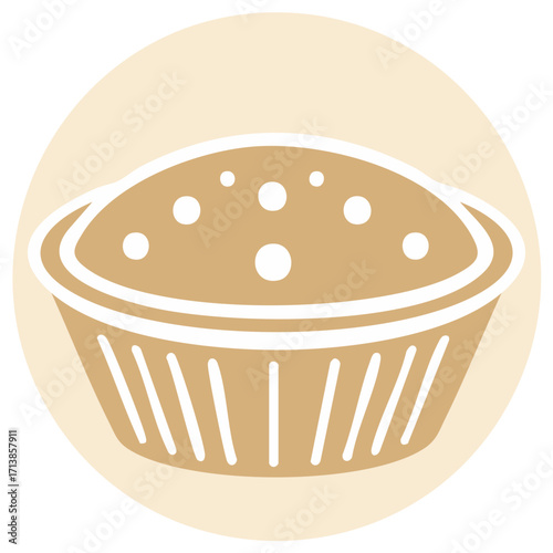 Delicious baked muffin or cupcake icon in a paper wrapper with decorative white dots