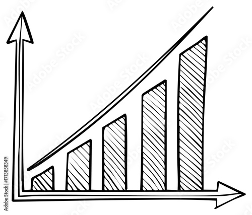 Hand drawn bar graph illustration showing upward trend and growth with arrow and diagonal line.