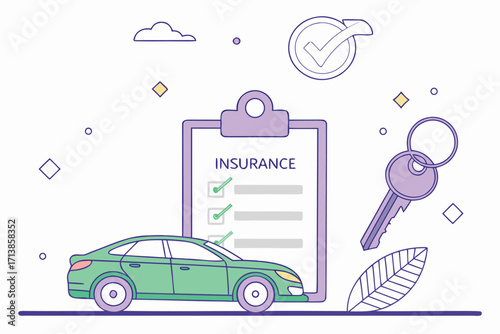 Green car insurance checklist with keys representing safety security and peace of mind