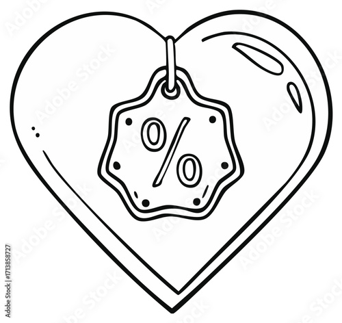 Hand Drawn Heart with Discount Tag Featuring Percentage Symbol for Sales and Savings