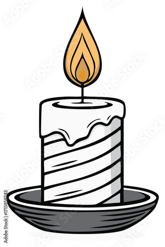 Candle flame burning bright on plate, illustration of a single candle on gray plate, decorative object