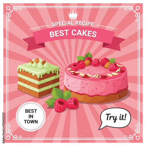 Best Cakes Delicious Raspberry and Pistachio Cakes Recipe Illustration