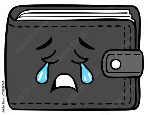 Crying cartoon wallet with tears, symbol of financial problems or loss.
