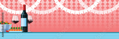 Adult evening party web banner with wine bottle, glasses, and appetizers - elegant celebration vector illustration with decorative bunting flags