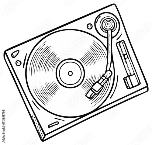 Retro line art illustration of a vintage turntable with a vinyl record playing music