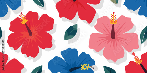 Vibrant Hibiscus Flower Pattern - Tropical Floral Design with Red, Pink, and Blue Blooms