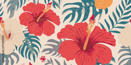 Tropical floral pattern with hibiscus flowers and monstera leaves, design for wallpaper