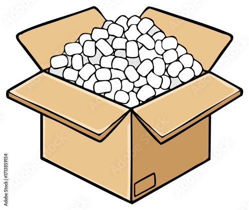 Open cardboard box filled with loose white packing peanuts for shipping packages carefully and securely