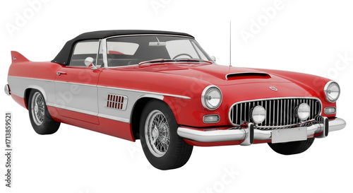 Isolated red classic vintage car with black top, old car, classic automotive design style