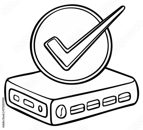 Portable power bank with a prominent checkmark symbol indicating approval or completion