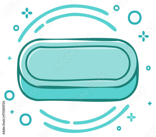 Clean aqua soap bar with sparkling bubbles and motion lines