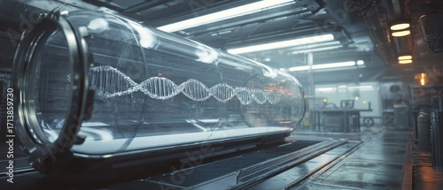 Glowing DNA Strands within a Futuristic Bioreactor in a High-Tech Lab.