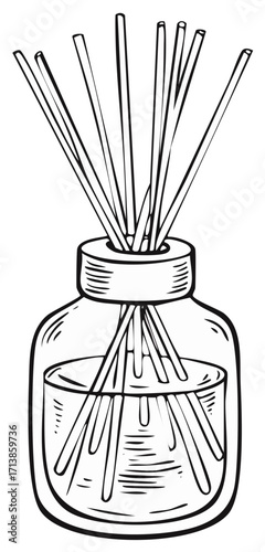 Hand drawn diffuser in glass bottle with essential oil, aroma therapy fragrance concept, home decor