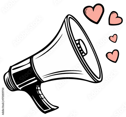 Hand-drawn loudspeaker announcing love with pink heart symbols