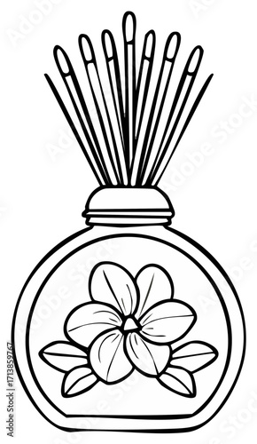 Home aroma diffuser illustration with flower design, aromatherapy sticks in a glass bottle, fragrance diffuser line art drawing