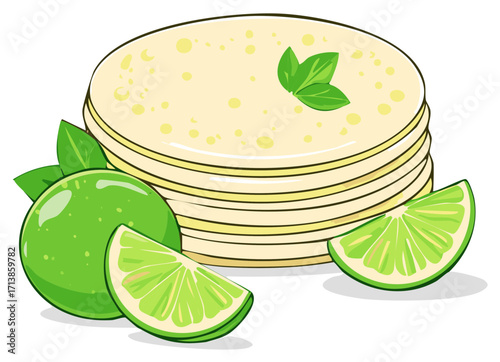 Cartoon Stack of Tortillas Garnished with Limes and Green Herbs for a Southwestern or Mexican Dish Concept