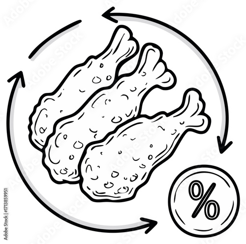 Fried shrimp monochrome illustration with percentage symbol and rotation arrows showing deal