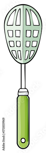 Kitchen utensil illustration, green slotted skimmer with long handle, cooking tool isolated.