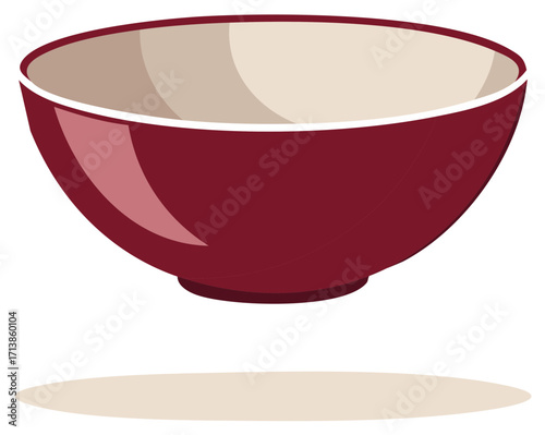 Maroon serving bowl floating above ground with subtle shadow kitchen dishware graphic design element