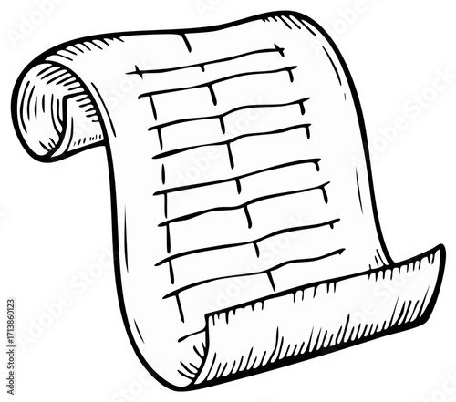 Vintage scroll with written lines and rolled edges in black ink drawing