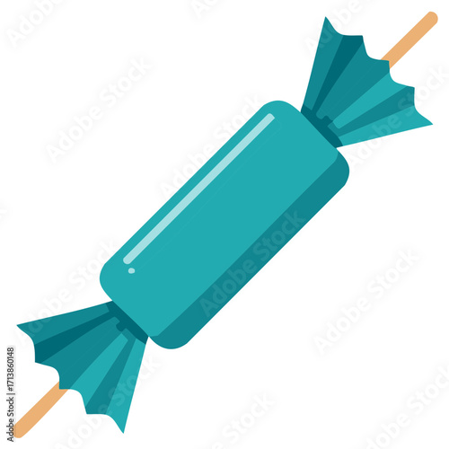 Teal candy on a stick wrapped in crinkled paper a sweet treat on white