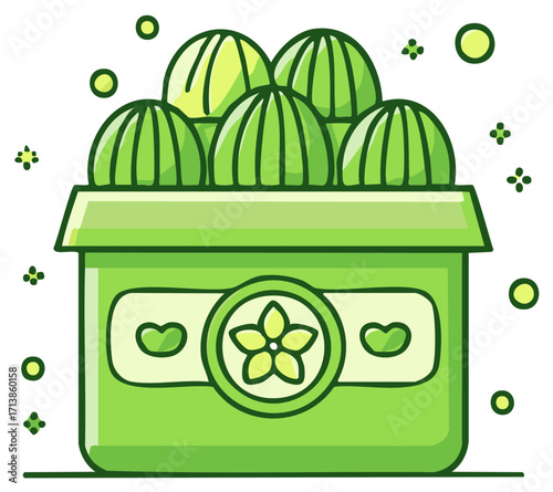 Green Melon Fruit Packed in a Decorative Container with Floral Accents