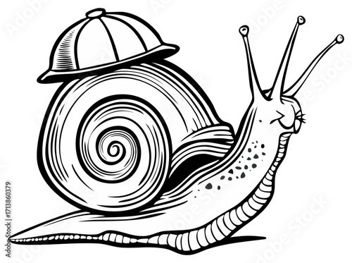 Cartoon Snail Wearing a Hat in Line Art Style