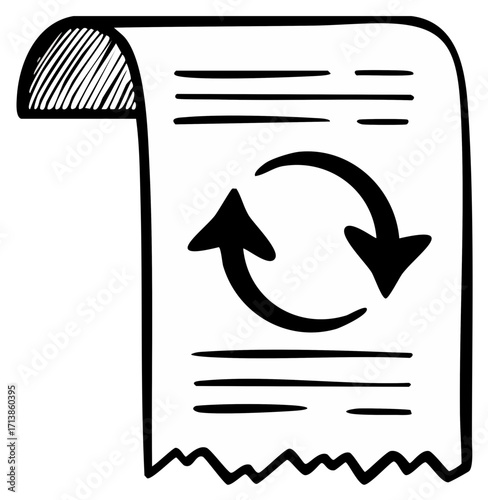 Hand drawn icon of a document with a circular arrow representing renewal or refresh