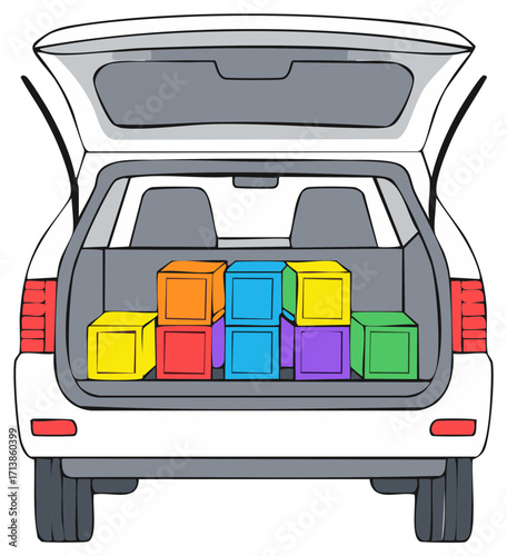 Cartoon illustration of an open car trunk filled with colorful boxes