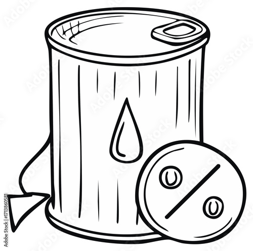 Oil can with drop graphic next to percent symbol showing discount or reduction in price