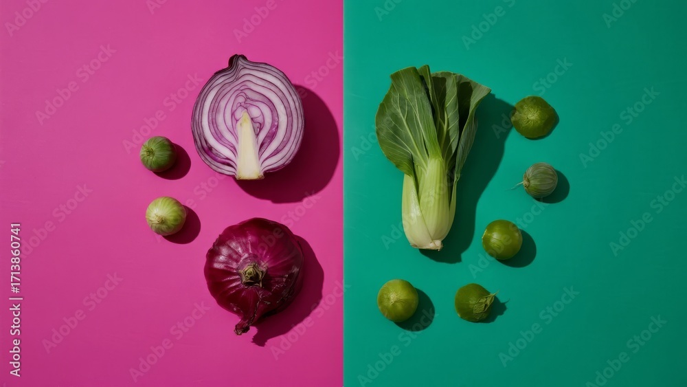 Naklejka premium Fresh vegetables including red onion, bok choy, and limes arranged on pink and green background