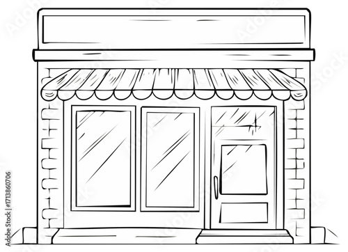 Illustration of a shopfront with an awning and blank sign for signage. Vector sketch.
