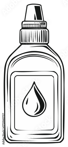 Black and White Illustration of a Plastic Squeeze Bottle with Drop Icon on the Front Label