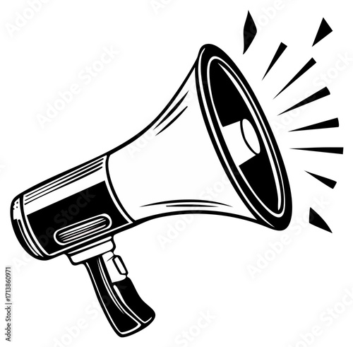 Loudspeaker Illustration with Sound Waves in Black and White Classic Style for Advertisement Announcement or Communication
