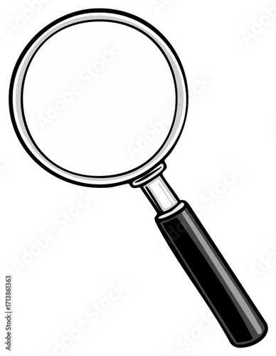 A simple black and silver magnifying glass with a black handle