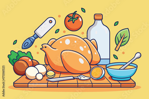 Roasted chicken with fresh vegetables and sauce ready to be served depicting a delicious and healthy meal