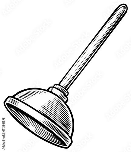 Illustration of a vintage style plunger in black and white.