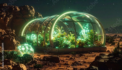 A futuristic greenhouse on Mars glowing with bioluminescent plants, viewed through a transparent d