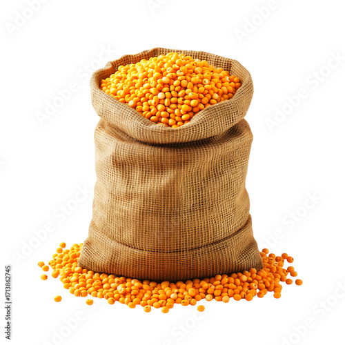 A Burlap Sack Overflowing With Small Round Yellow Seeds Scattered On A Transparent Background