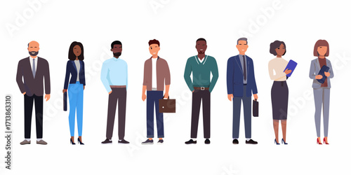 Diverse group of professionals standing together in business attire on a white background