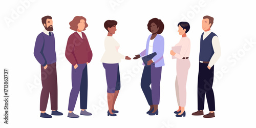 Diverse group of six business professionals standing and interacting in a modern office setting