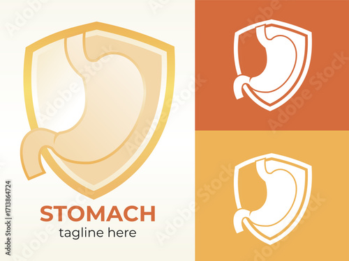 Set of Four Stomach Logos with a Protective Shield for Health and Medical Brands.