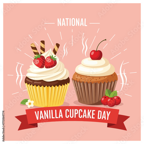 National Vanilla Cupcake Day Delicious Cupcakes with Strawberries and Cherries