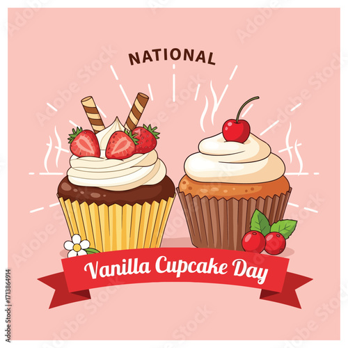 National Vanilla Cupcake Day Delicious Cupcakes with Strawberries and Cherries