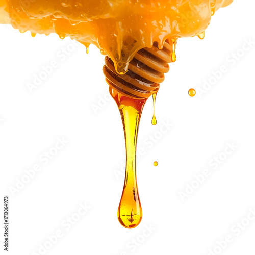 Viscous Golden Honey Dripping From A Wooden Dipper Against A Transparent Background